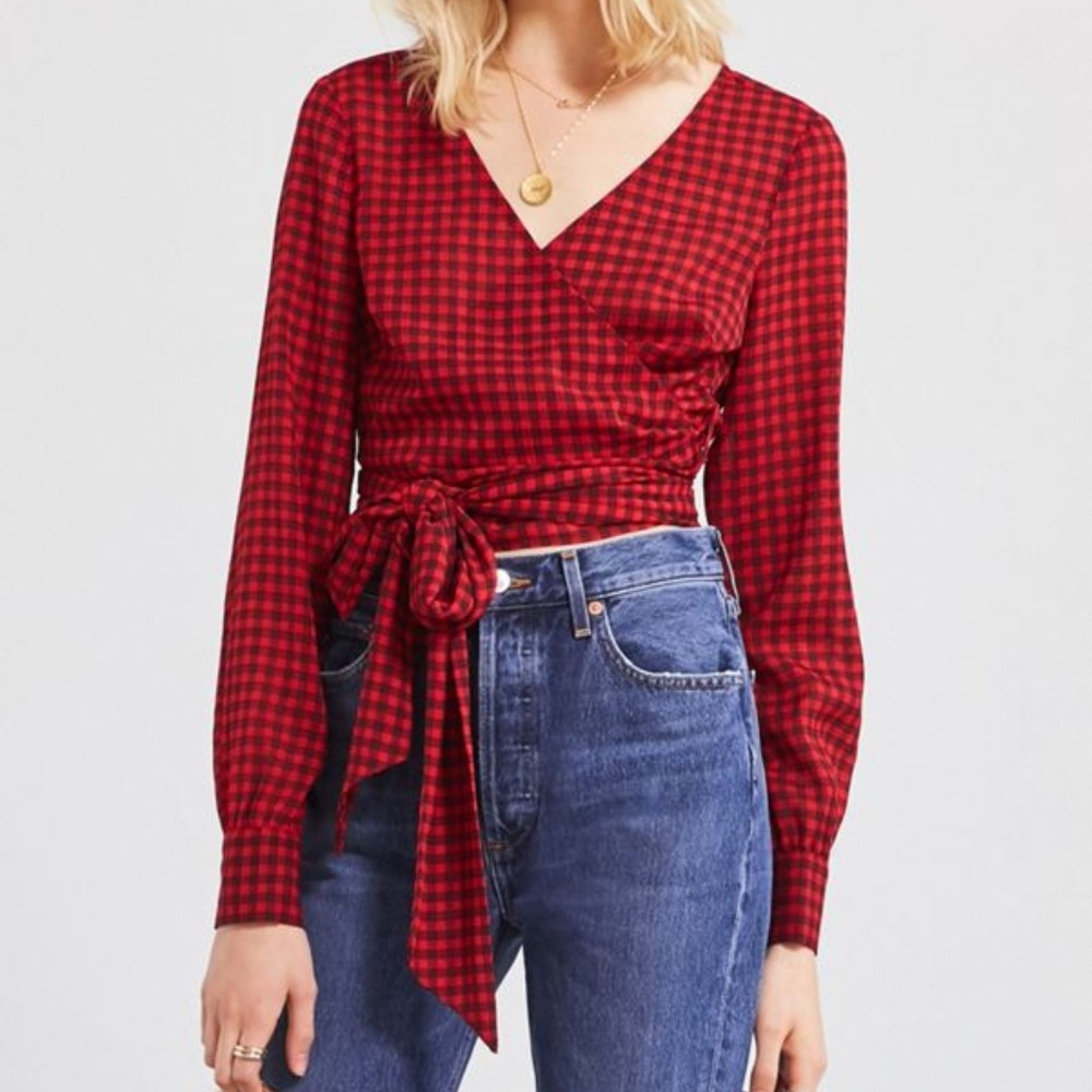 UO Cropped Gingham Wrap Blouse